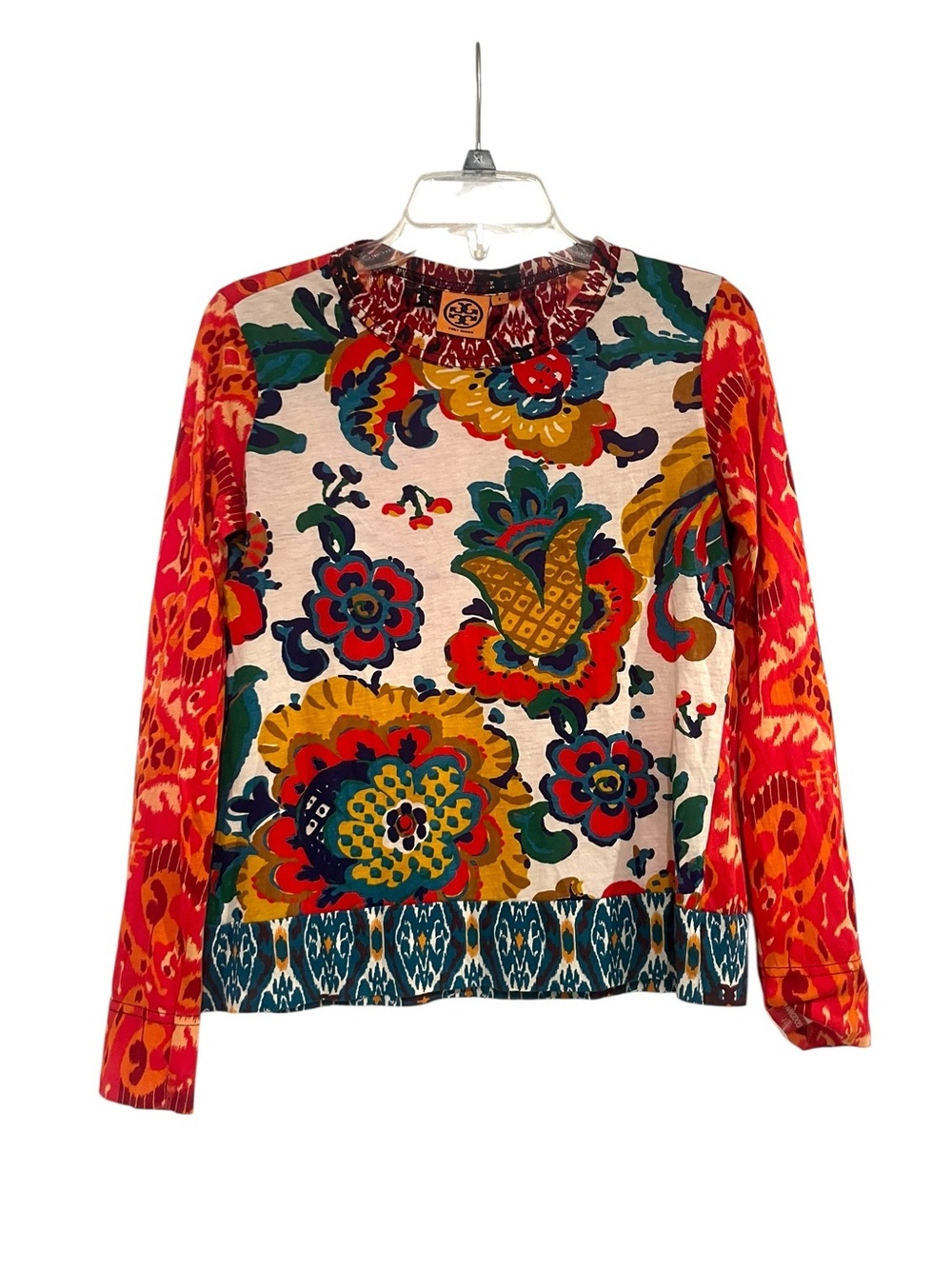 Tory Burch Cream Multicolor Floral Ikat Long Sleeve Top Sz S